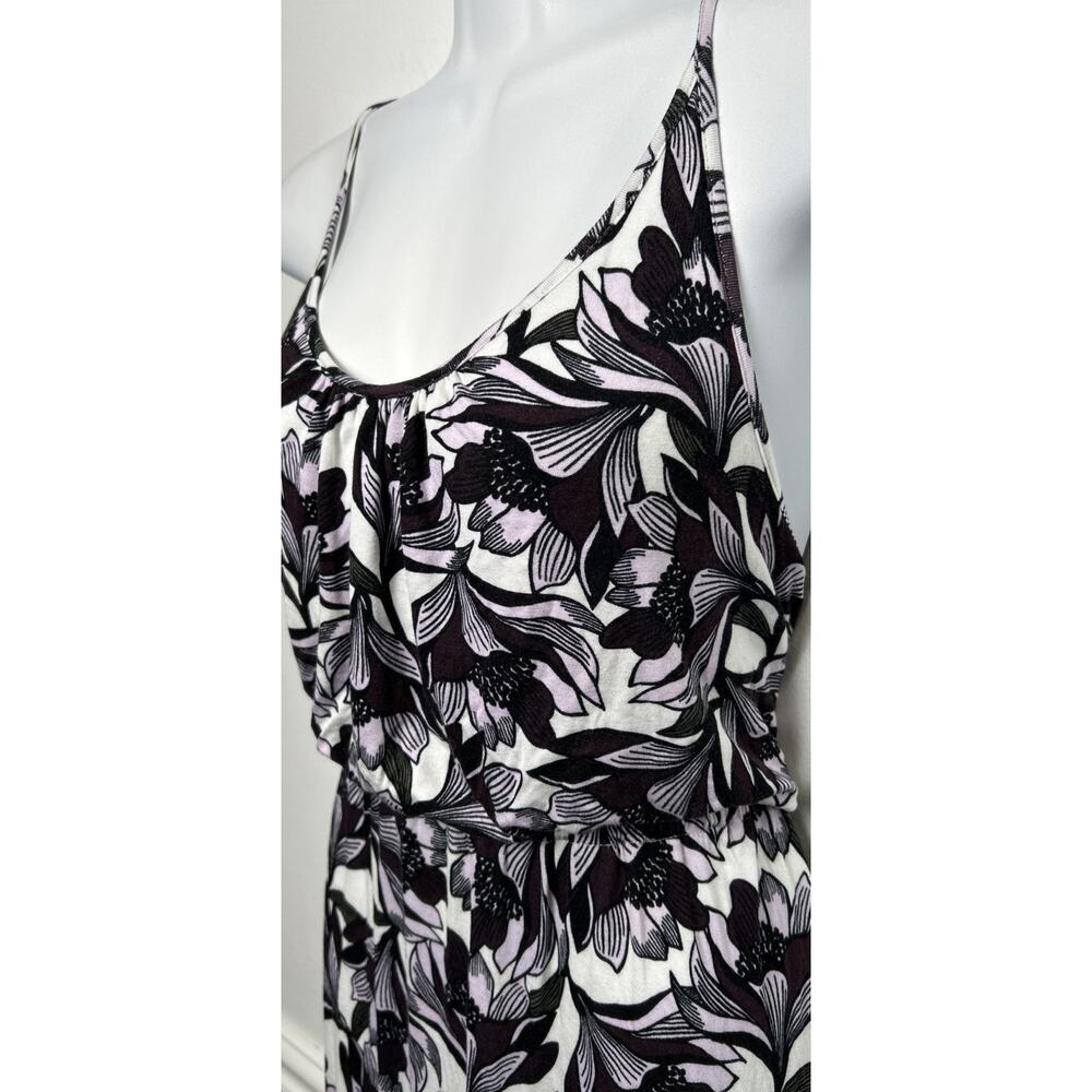 LOFT Maxi Sundress Dress L Purple White Floral Elastic Waist Scoop Neck Stretch